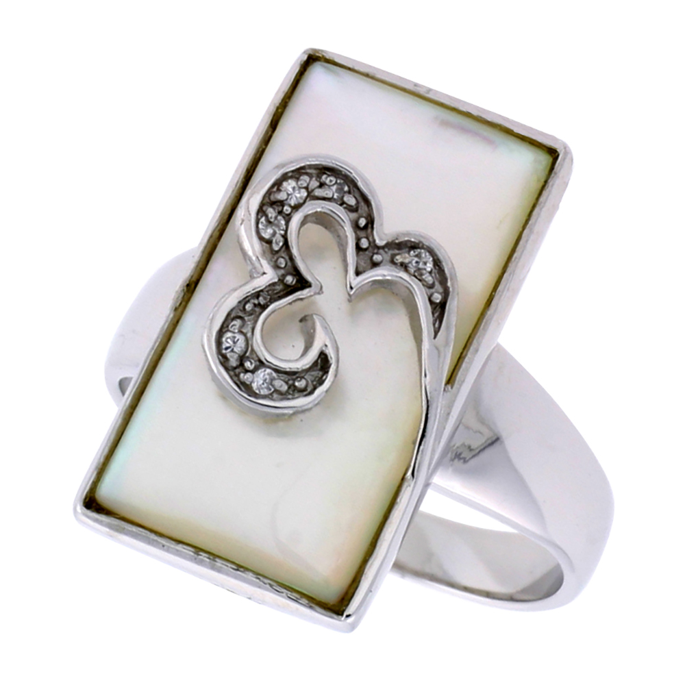Sterling Silver Rectangular Mother of Pearl Ring for Women Accented with Tiny CZ stones 7/8 inch wide