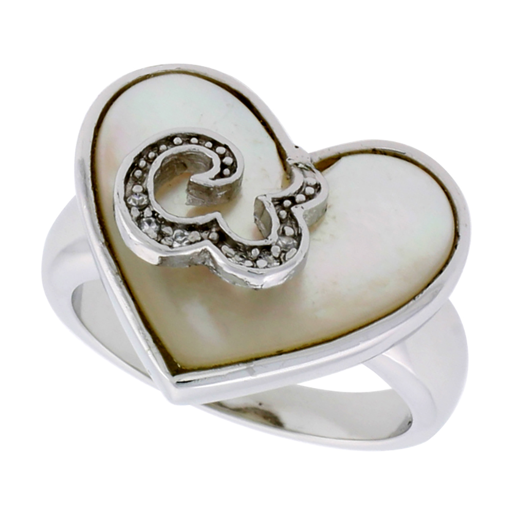 Sterling Silver Mother of Pearl Heart Ring for Women Accented with Tiny CZ stones 11/16 inch wide