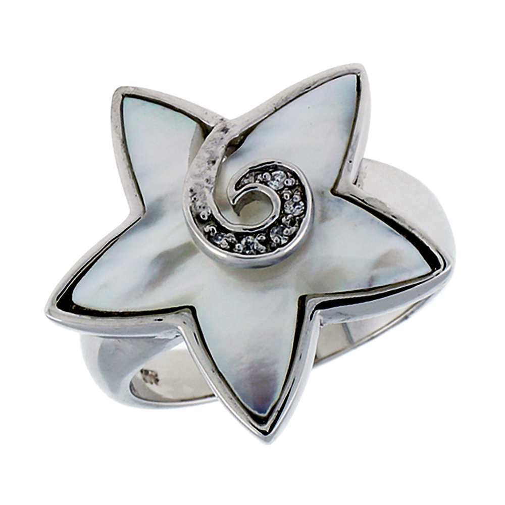 Sterling Silver Mother of Pearl Star Ring for Women Swirl Center with Tiny CZ stones 7/8 inch wide