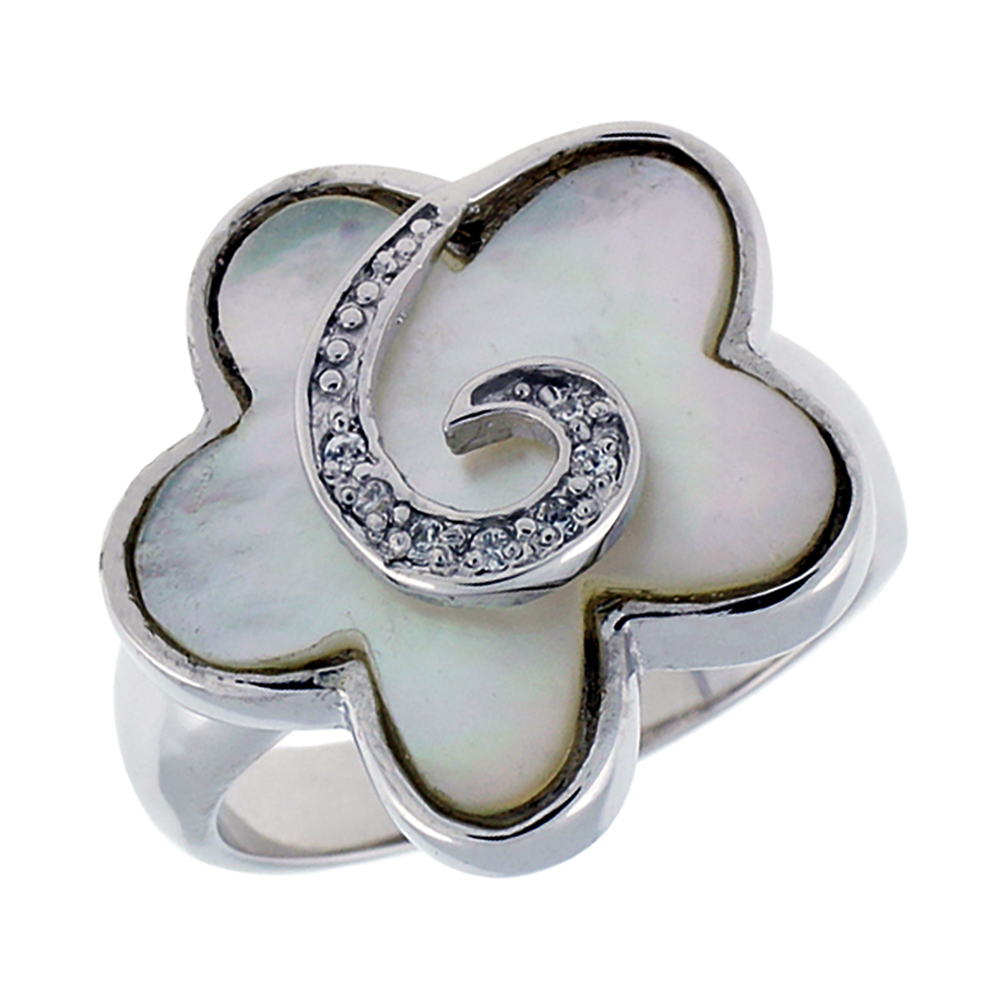 Sterling Silver Mother of Pearl Flower Ring for Women Swirl Center with Tiny CZ stones 13/16 inch wide