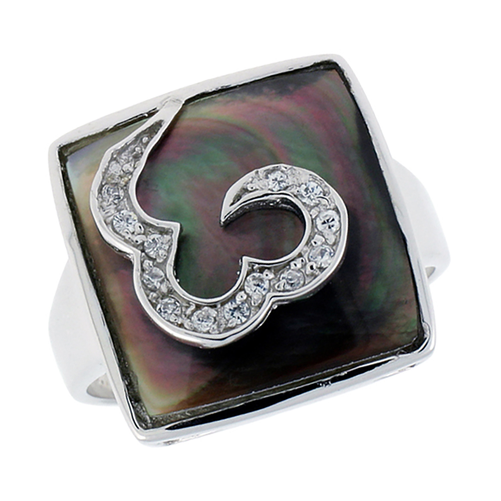 Sterling Silver Square Abalone Shell Ring for Women Accented with Tiny CZ stones 11/16 inch wide