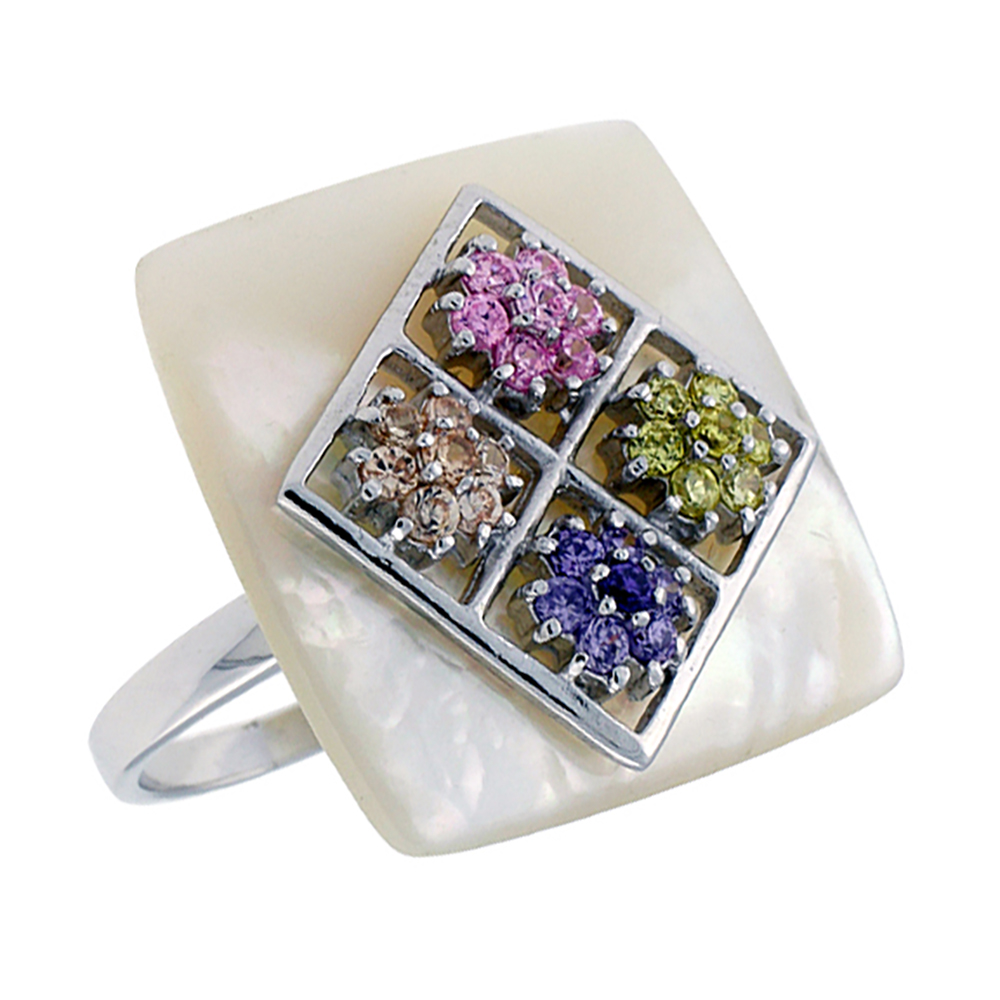 Sterling Silver Square Mother of Pearl Ring for Women Accented with Tiny Citrine Pink Tourmaline Amethyst &amp; Orange Sapphire CZ stones 15/16 inch wide