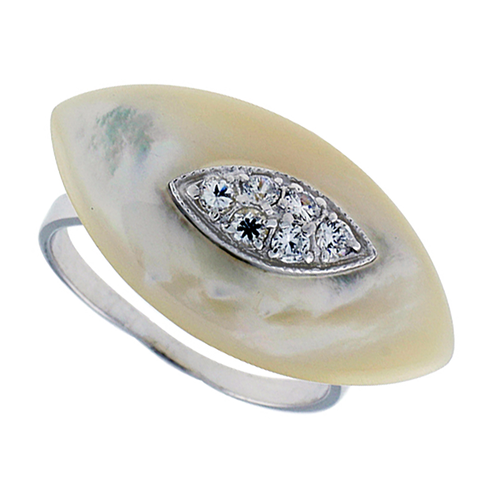 Sterling Silver Mother of Pearl Marquise Ring for Women Accented with Tiny CZ stones 9/16 inch wide