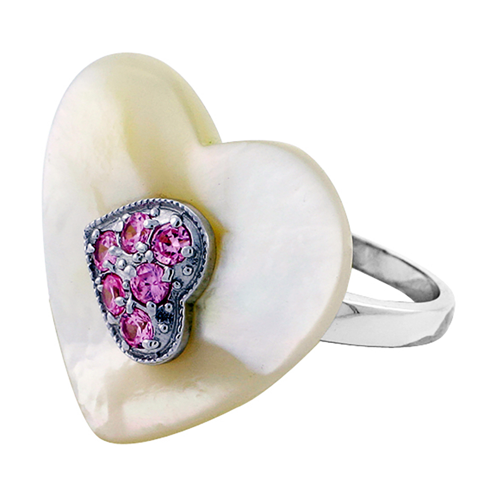 Sterling Silver Heart Mother of Pearl Ring for Women Accented with Tiny Pink Tourmaline CZ stones 7/8 inch wide