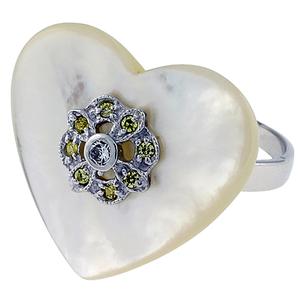 Sterling Silver Heart-shaped Mother of Pearl Ring for Women Accented with Tiny CZ stones 7/8 inch wide