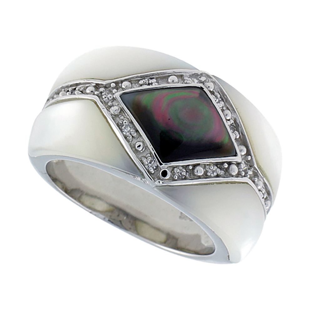 Sterling Silver Abalone and White Mother of Pearl Cigar Band Ring for Women Accented with Tiny CZ stones 1/2 inch wide