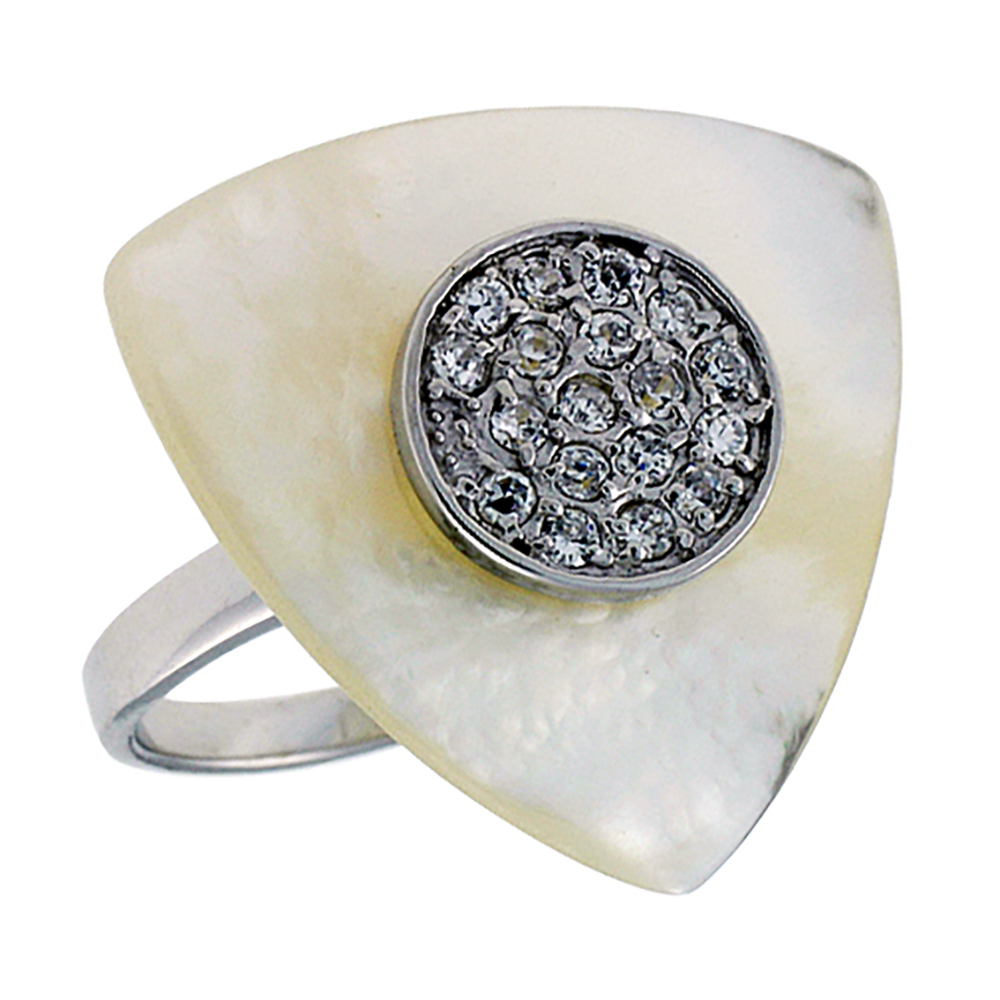 Sterling Silver Triangular Mother of Pearl Ring for Women Circle Center Accented with Tiny CZ stones 15/16 inch wide