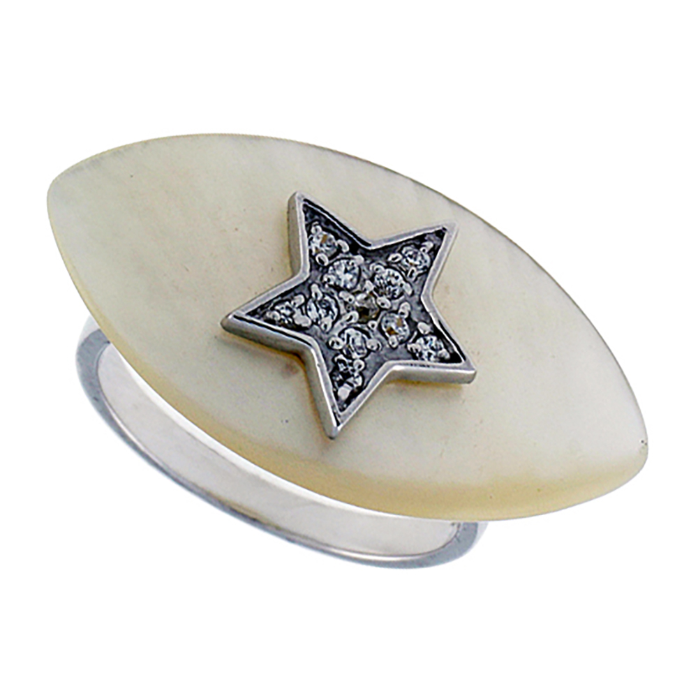 Sterling Silver Mother of Pearl Marquise Ring for Women Star Center Accented with Tiny CZ stones 9/16 inch wide