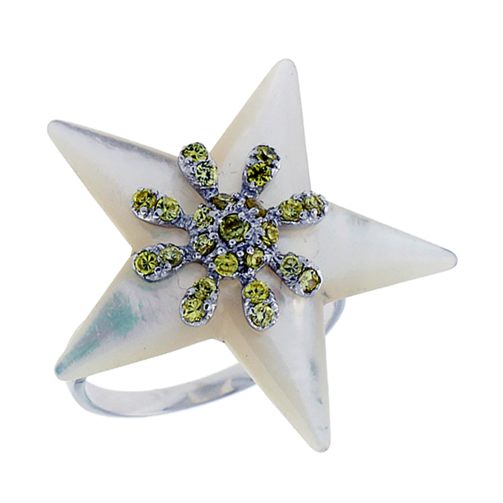 Sterling Silver Large Mother of Pearl Star Ring for Women Flower Center Accented with Tiny CZ stones 1 1/8 inch wide