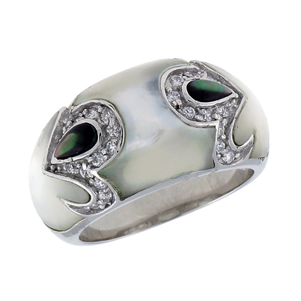 Sterling Silver Tear Drop Abalone and Mother of Pearl Dome Ring for Women Accented with Tiny CZ stones 7/16 inch wide