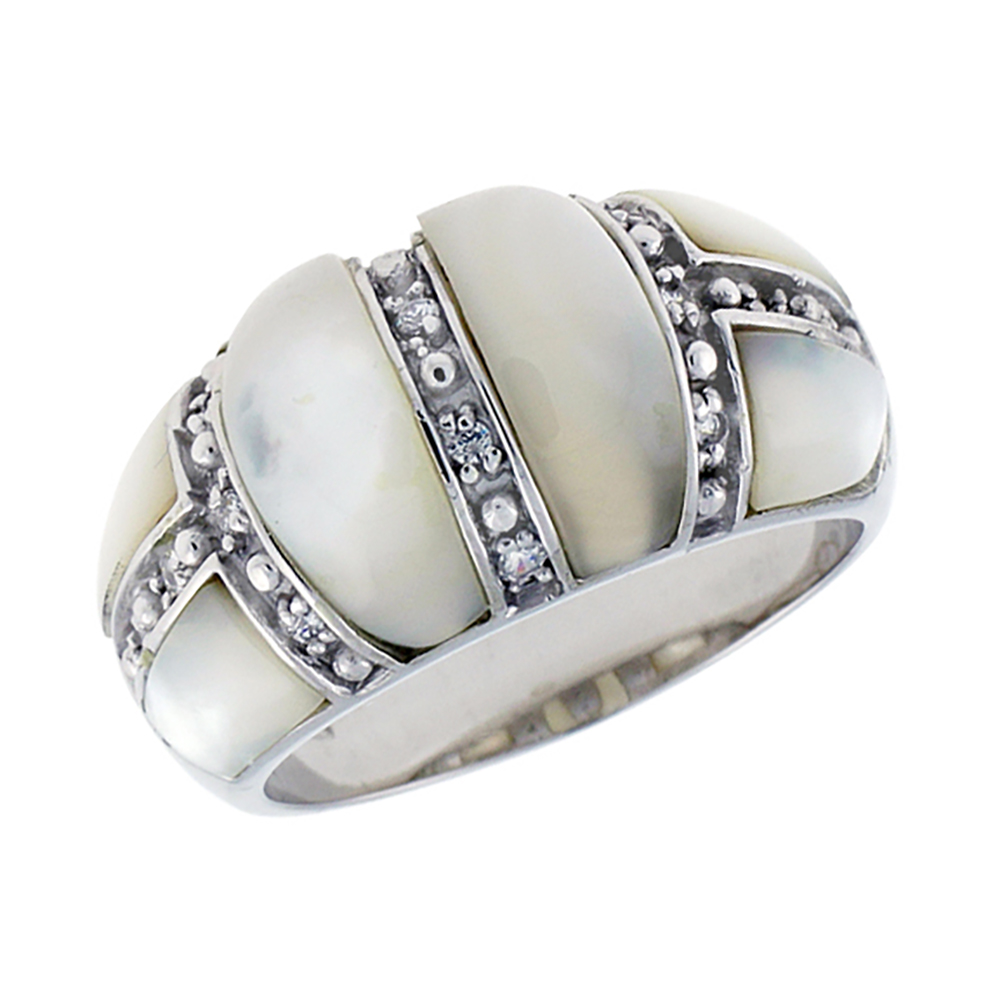 Sterling Silver Mother of Pearl Dome Ring for Women Accented with Tiny CZ stones 1/2 inch wide