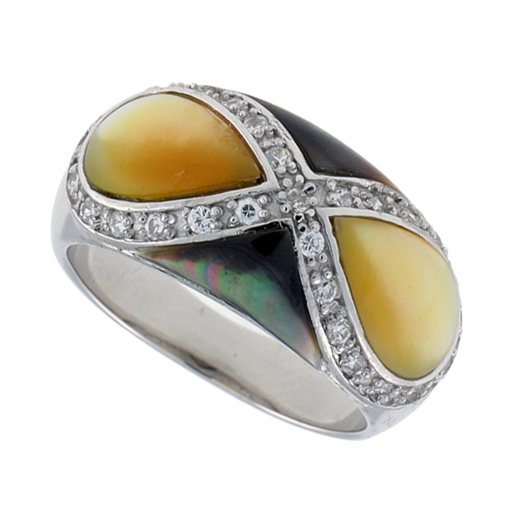 Sterling Silver Tear Drop Yellow Mother of Pearl and Abalone Shell Domed Infinity Ring for Women Accented with Tiny CZ stones 11/16 inch wide
