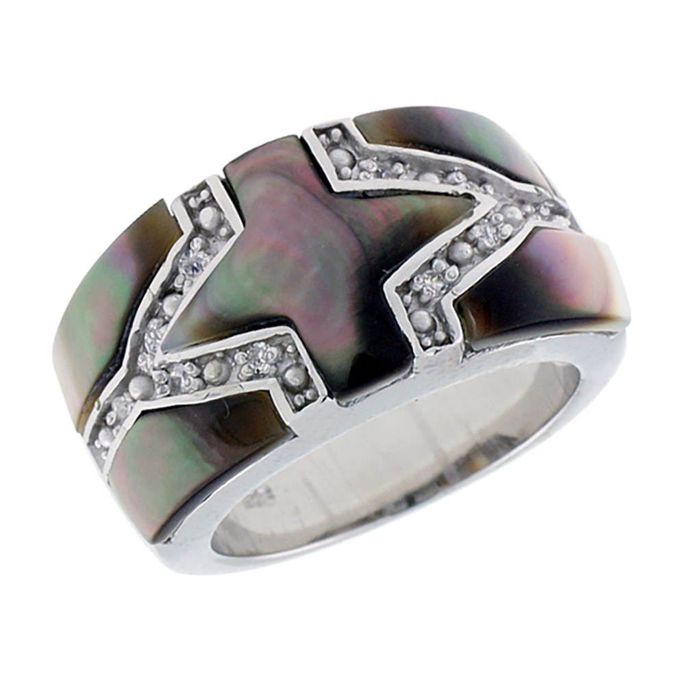 Sterling Silver Abalone Shell Cigar Band Cross Ring for Women Accented with Tiny CZ stones 7/16 inch wide