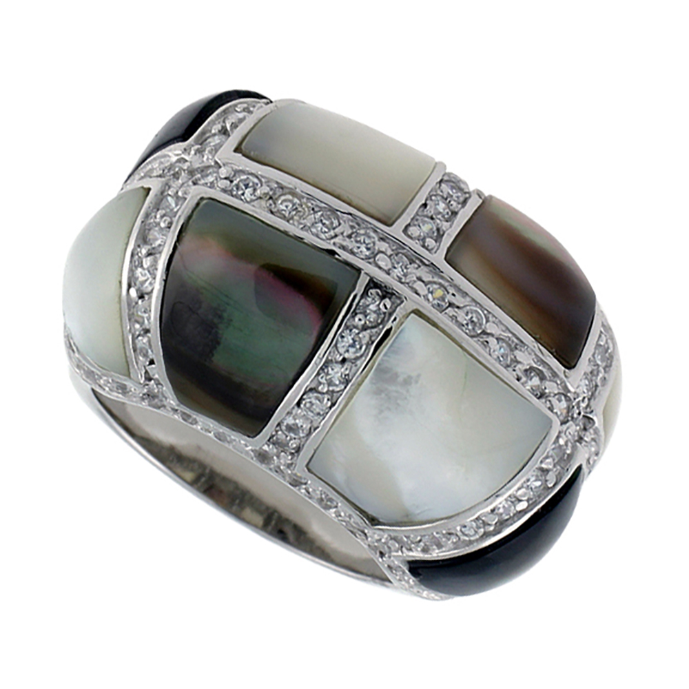 Sterling Silver Mother of Pearl and Abalone Shell Domed Ring for Women Accented with Tiny CZ stones 5/8 inch wide