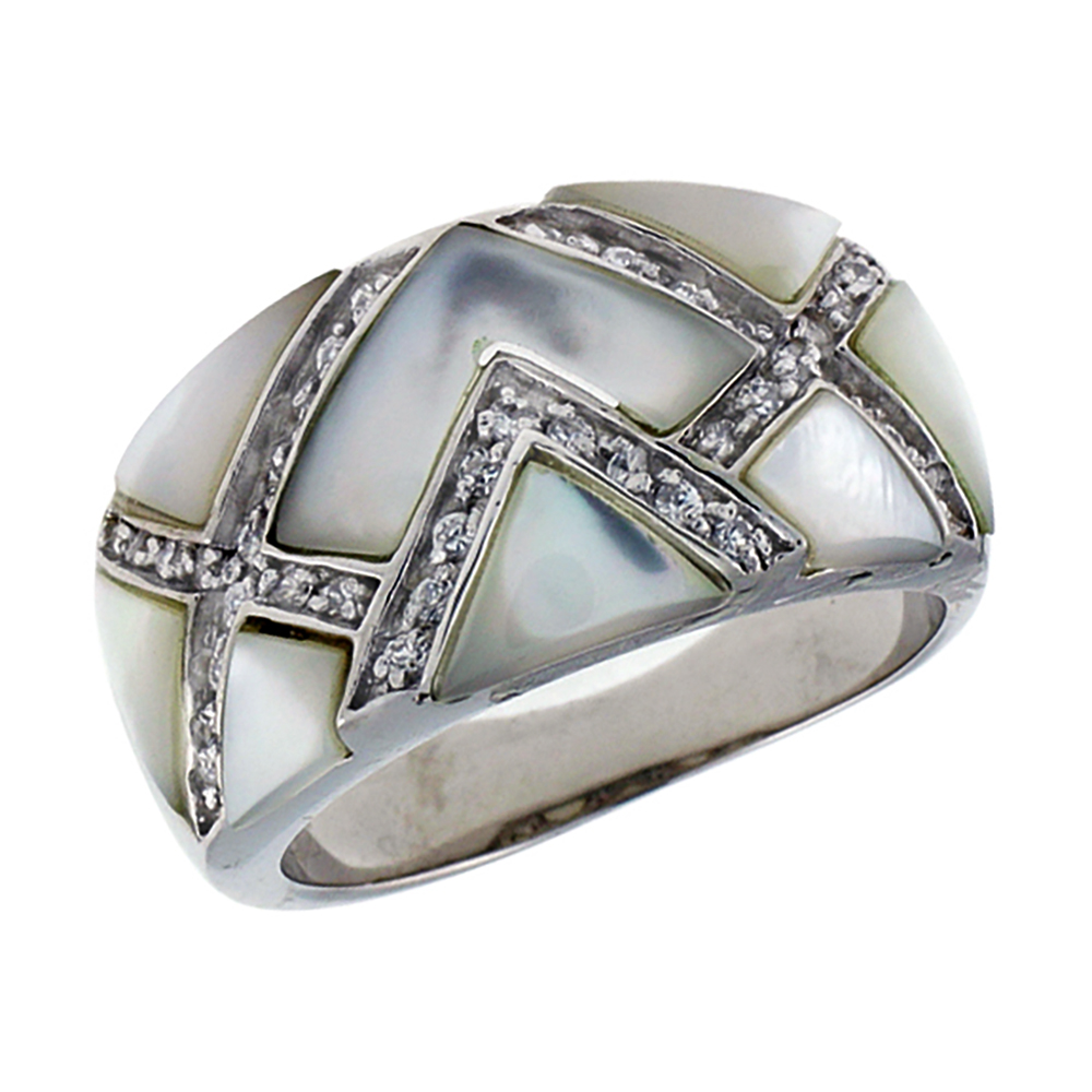 Sterling Silver Mother of Pearl Chevron Cigar Band Ring for Women Accented with Tiny CZ stones 1/2 inch wide