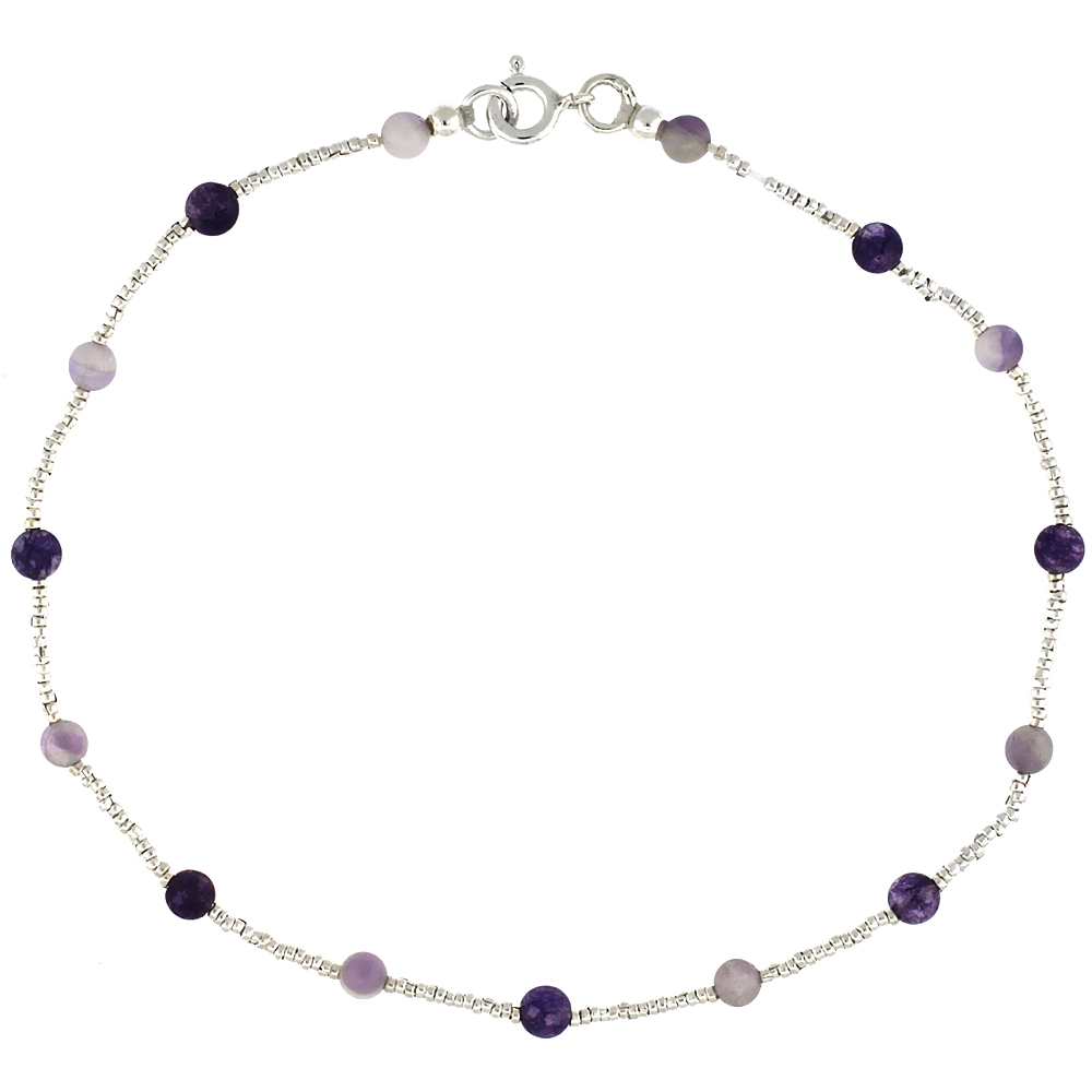 9 1/2 in. Sterling Silver Amethyst Bead Anklet