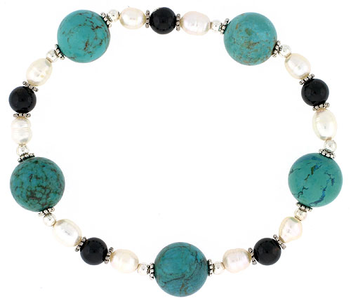 Natural Freshwater Pearls Green Turquoise Onyx Stretch Bracelet Sterling Silver Beads, 7 inch