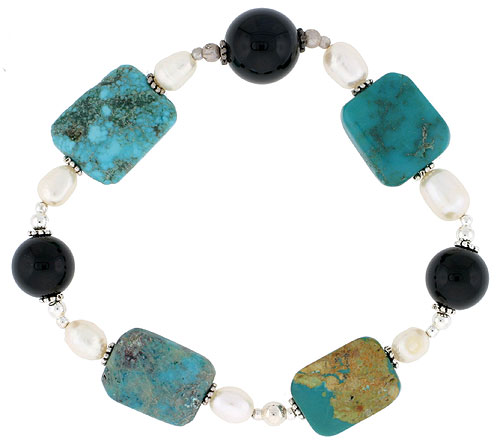 Natural Freshwater Pearls Turquoise Onyx Stretch Bracelet Sterling Silver Beads, 7 inch