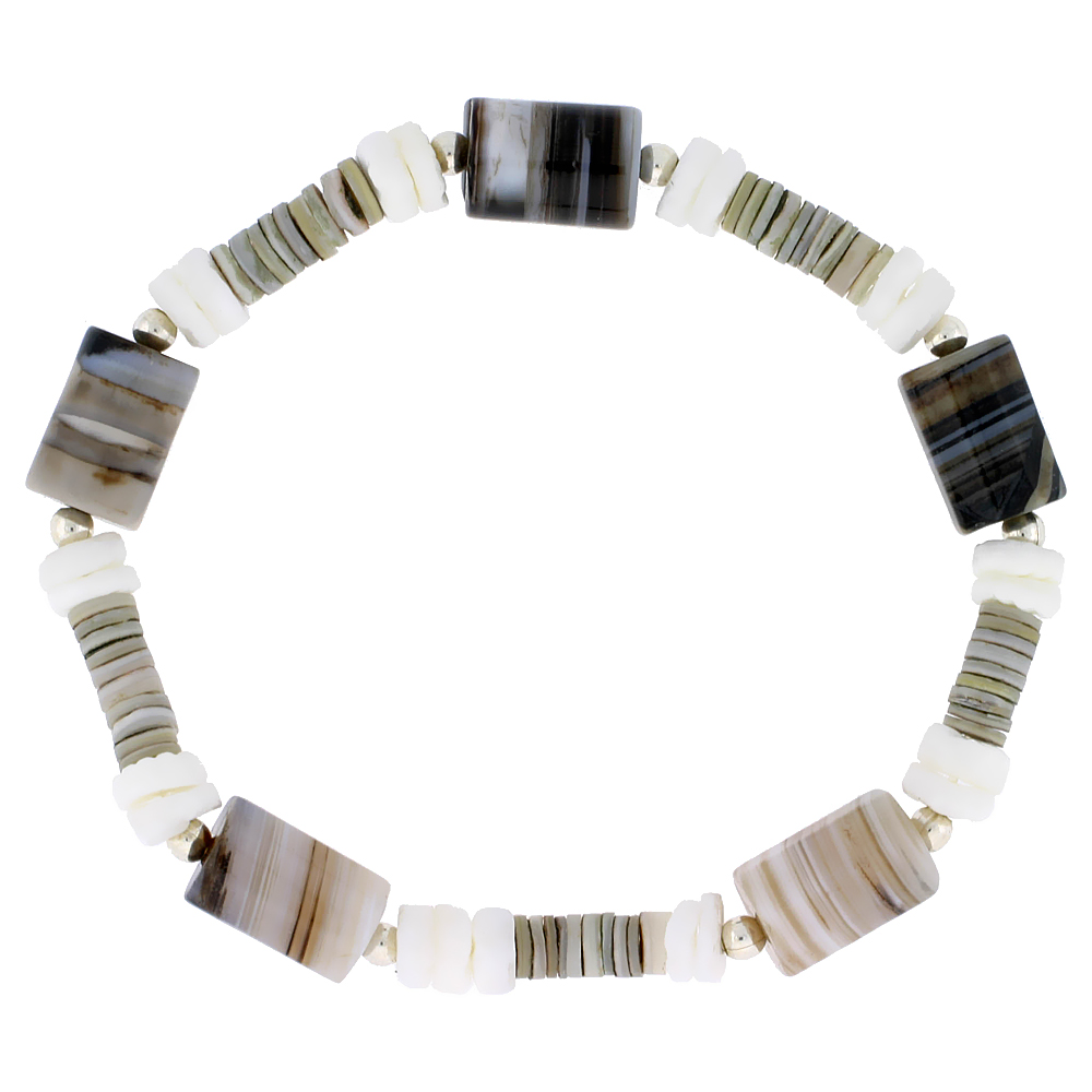 Sea Shells Stretch Bracelet Sterling Silver Beads, 7 inch
