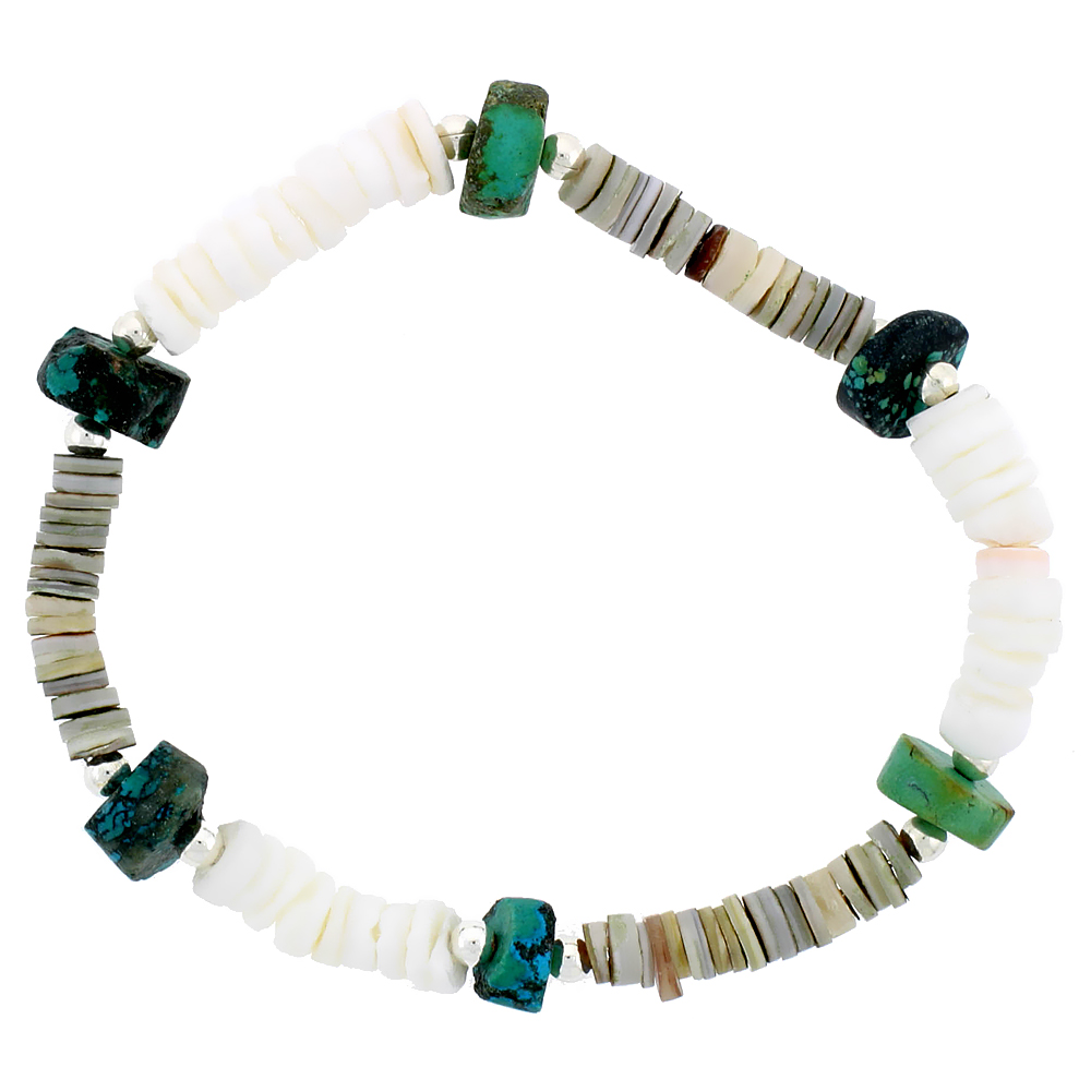 Natural Shell &amp; Green Turquoise Stretch Bracelet Sterling Silver Beads, 7 inch