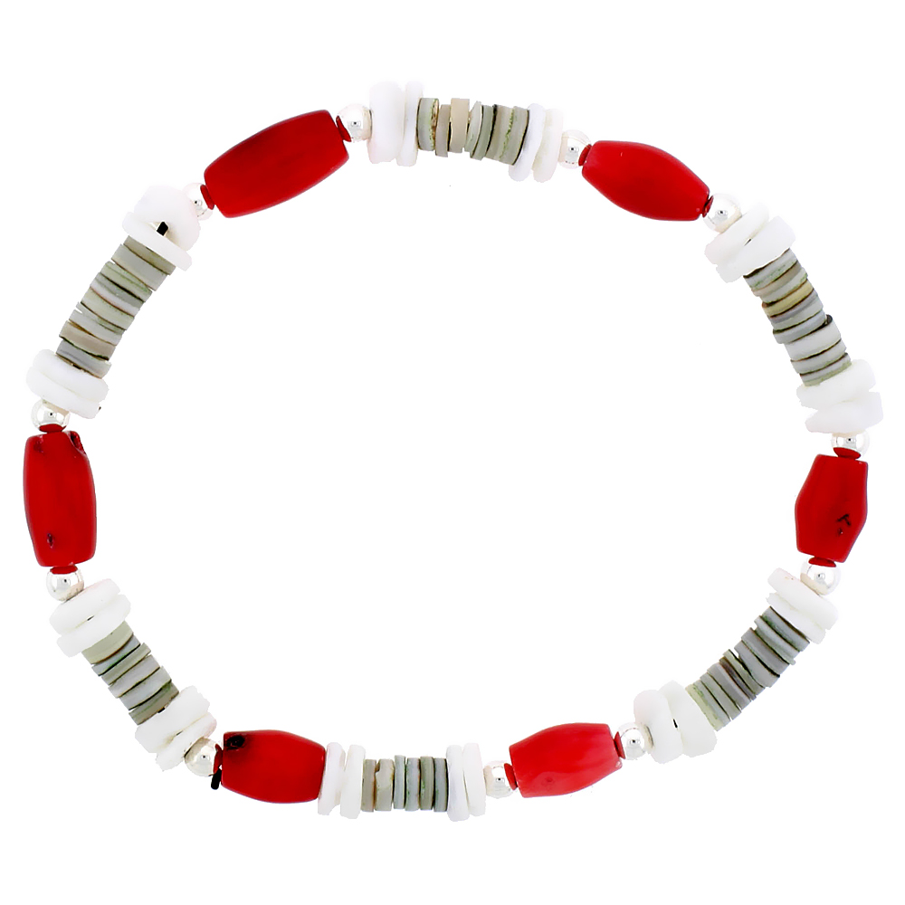 Natural Sea Shells &amp; Coral Stretch Bracelet Sterling Silver Beads, 7 inch