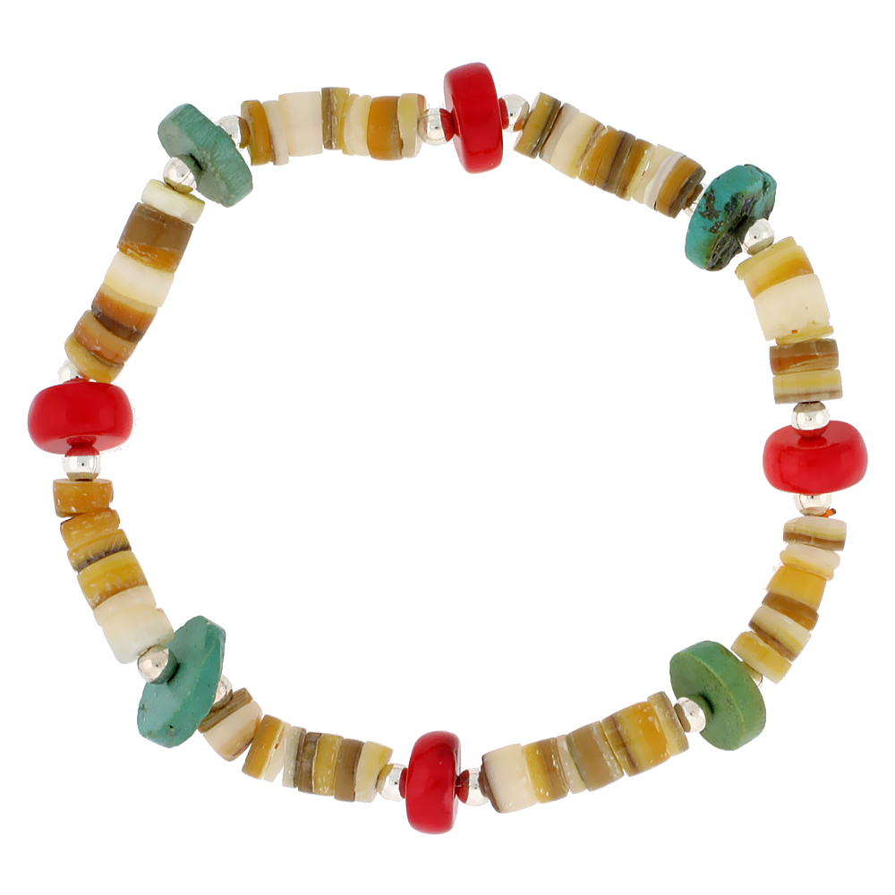 Natural Coral Turquoise Sea Shells Stretch Bracelet Sterling Silver Beads, 7 inch