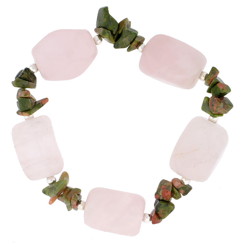 Natural Rose Quartz & Unakite Stretch Bracelet Sterling Silver Beads, 7 inch