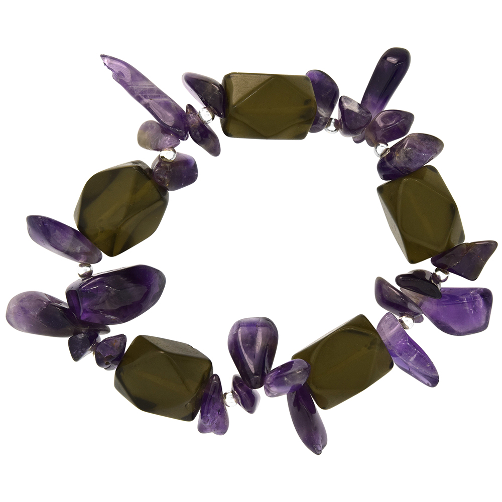 Natural Amethyst Onyx Stretch Bracelet Sterling Silver Beads, 7 inch