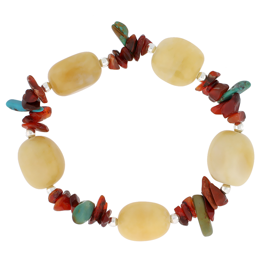 Natural Serpentine Carnelian &amp; Turquoise Stretch Bracelet Sterling Silver Beads, 7 inch