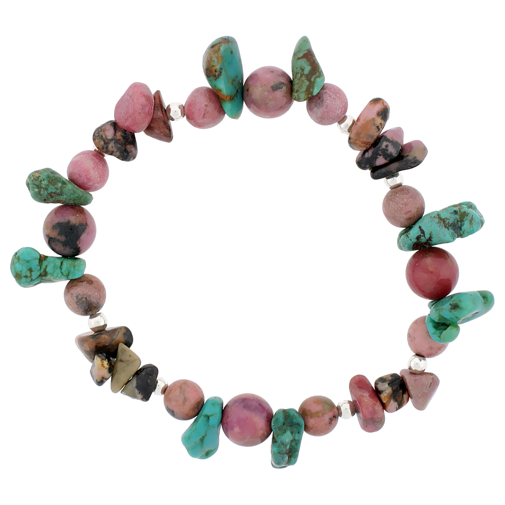 Natural Turquoise &amp; Rhodonite Stretch Bracelet Sterling Silver Beads, 7 inch