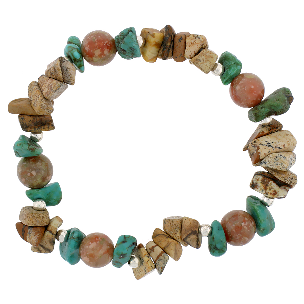 Natural Turquoise &amp; Picture Jasper Stretch Bracelet Sterling Silver Beads, 7 inch