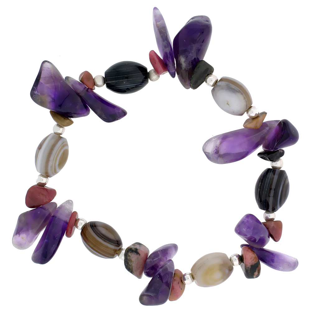 Natural Shell &amp; Amethyst Stretch Bracelet Sterling Silver Beads, 7 inch