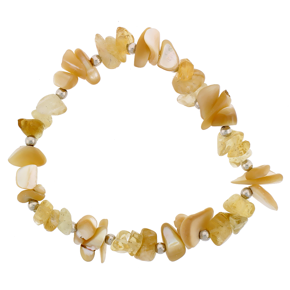 Natural Shell &amp; Citrine Stretch Bracelet Sterling Silver Beads, 7 inch