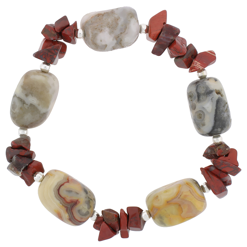 Natural Unakite &amp; Carnelian Stretch Bracelet Sterling Silver Beads, 7 inch