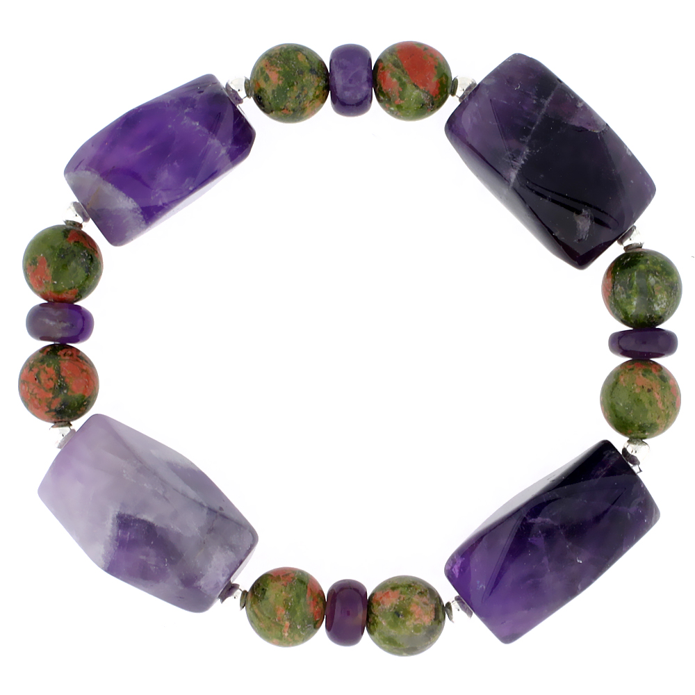 Natural Amethyst & Unakite Stretch Bracelet Sterling Silver Beads, 7 inch
