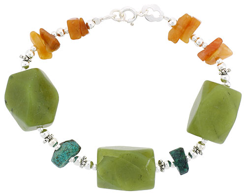 Natural Serpentine Yellow Onyx & Turquoise Bracelet Sterling Silver Findings, 7 inch