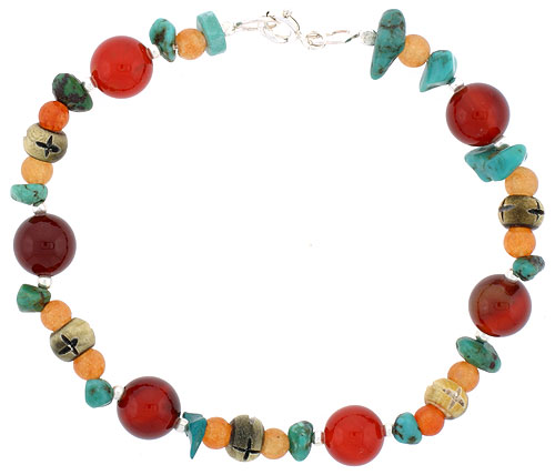 Natural Carnelian &amp; Turquoise Bracelet Sterling Silver Findings, 7 inch