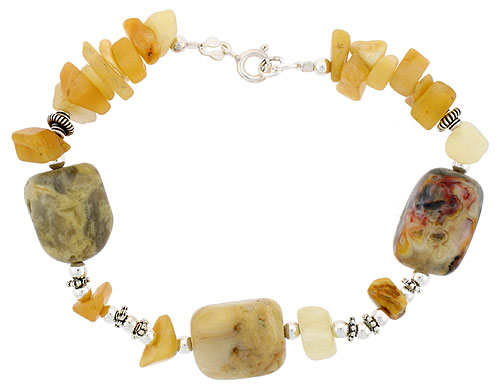 Natural Yellow Onyx &amp; Picture Jasper Bracelet Sterling Silver Findings, 7 inch