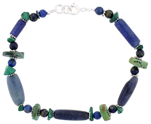 Natural Lapis Lazuli &amp; Turquoise Bracelet Sterling Silver Findings, 7 inch
