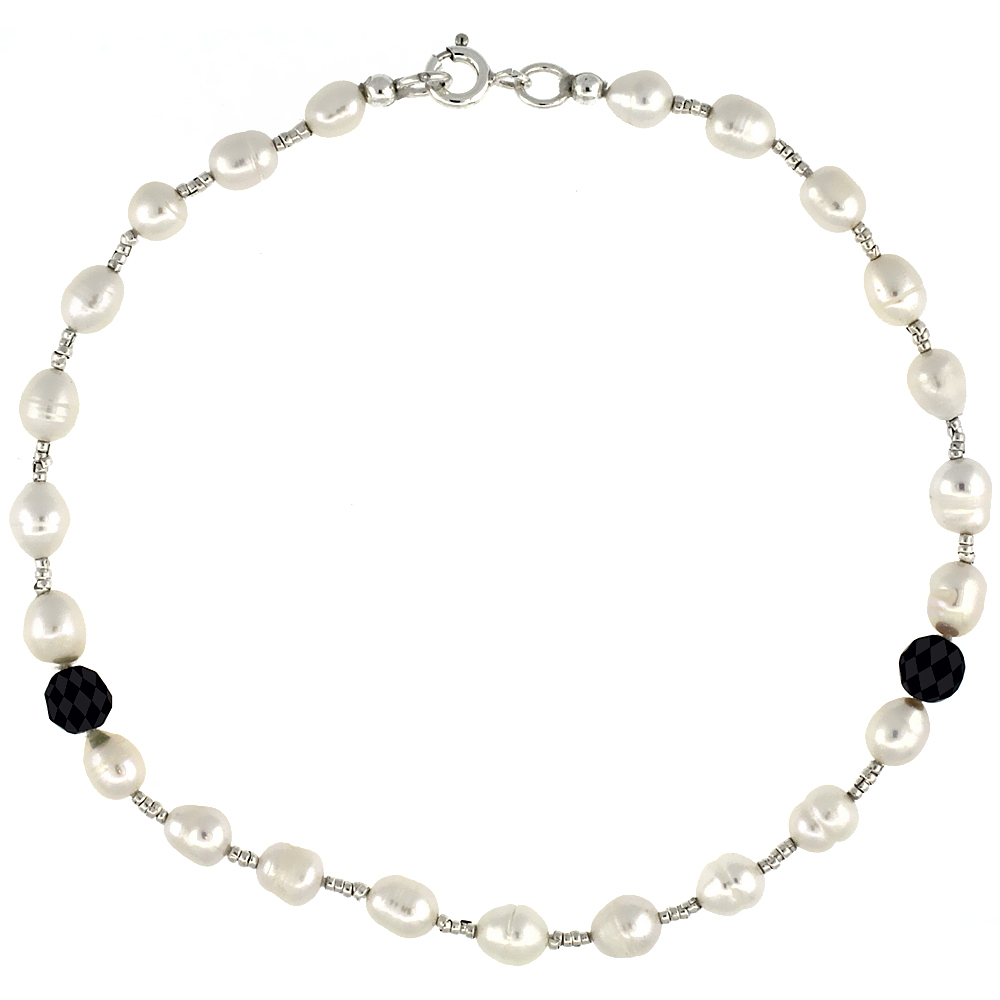 7 in. Sterling Silver Bead Bracelet w/ Freshwater Pearls & Black Onyx Stones