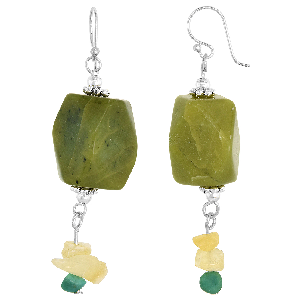 Sterling Silver Natural New Jade Turquoise and Citrine Dangle Earrings Women Fishhook Handmade 2 1/2 inch