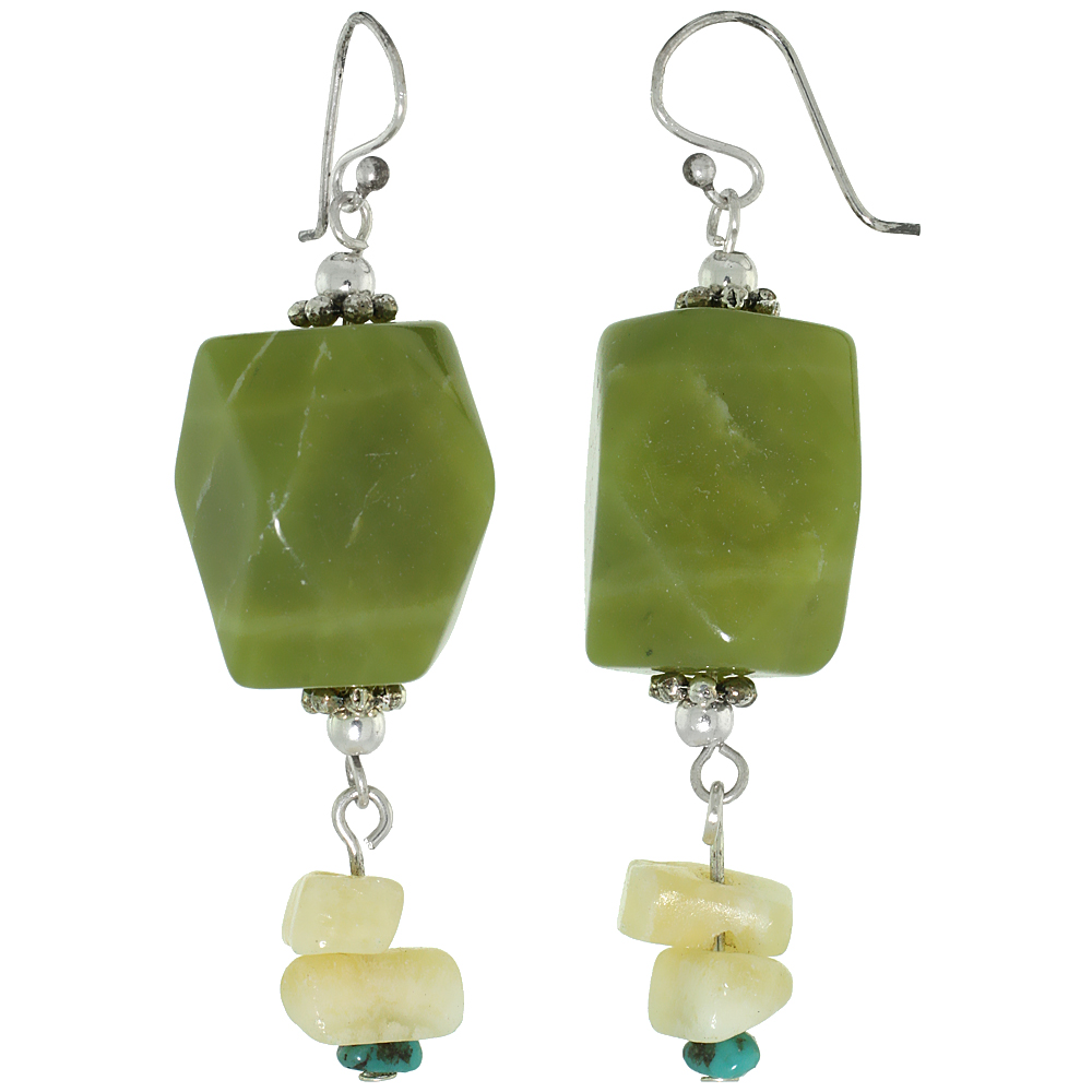 Sterling Silver Natural New Jade Citrine and Turquoise Dangle Earrings Women Fishhook Handmade 2 3/8 inch
