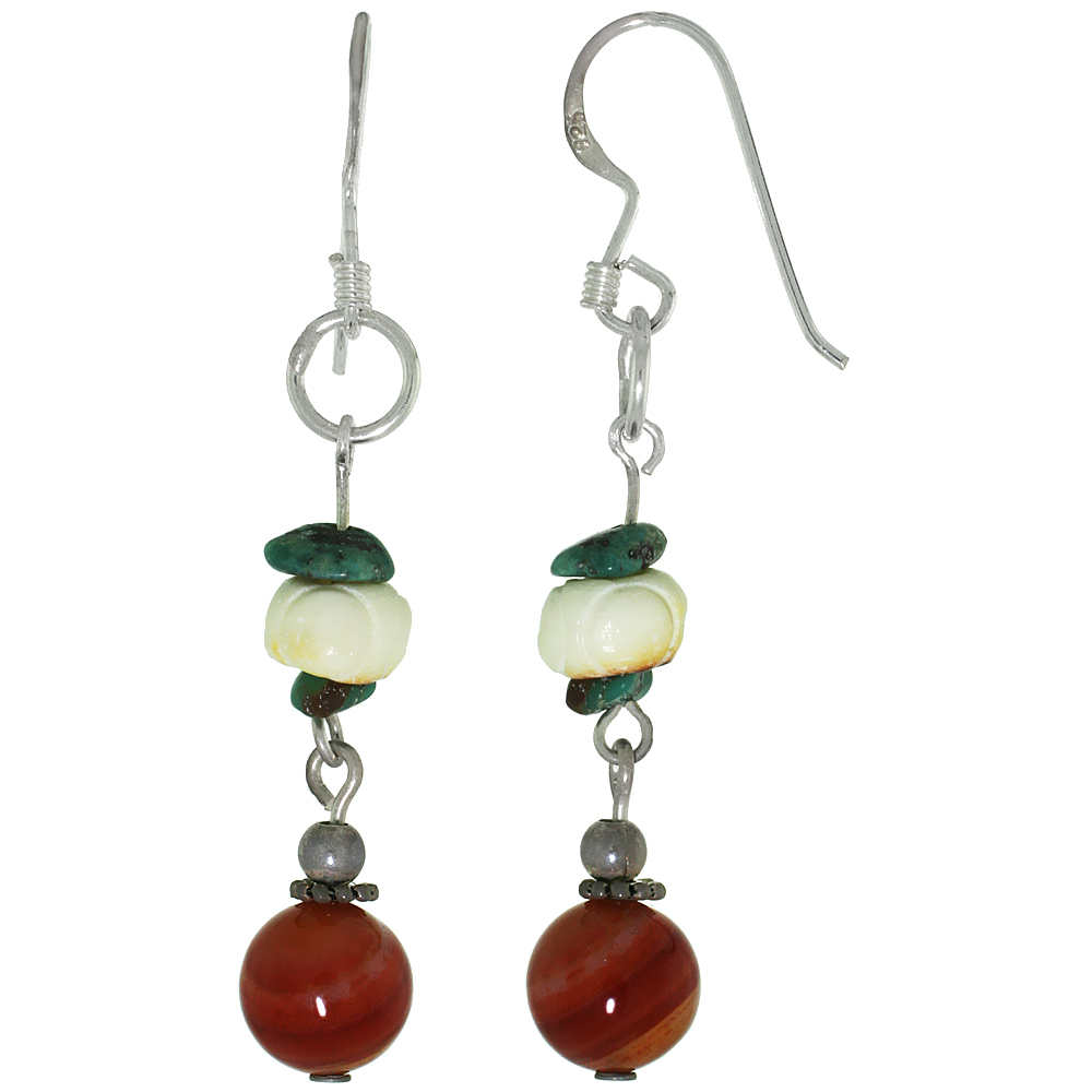 Sterling Silver Natural Carnelian Turquoise and Shell Dangle Earrings Women Fishhook Handmade 1 5/8 inch