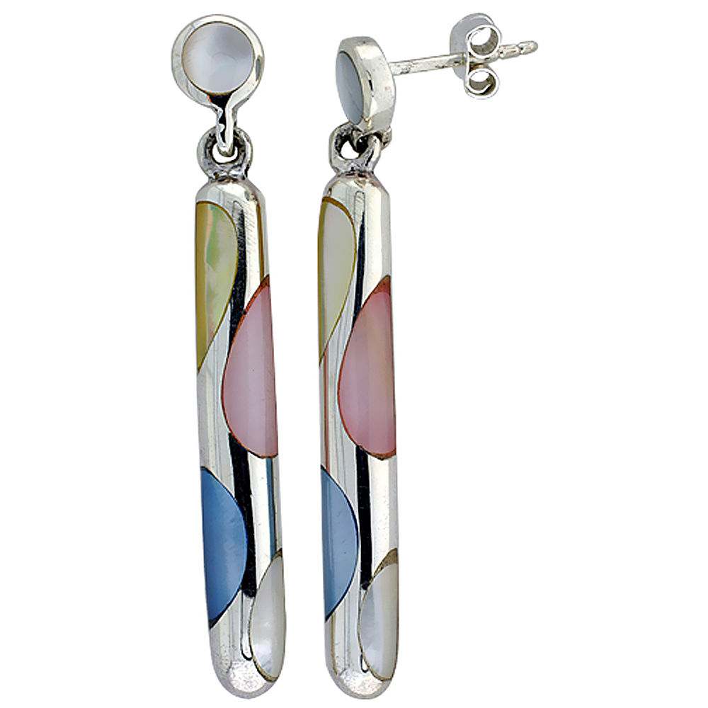 Sterling Silver Colorful Shell Elongated Earrings Flat Back, 3/16 inch wide
