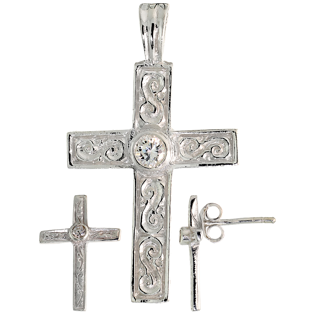 STERLING SILVER BRILLIANT CUT WHITE CZ LATIN CROSS STUD EARRINGS AND PENDANT SET FOR WOMEN SWIRL-DESIGN