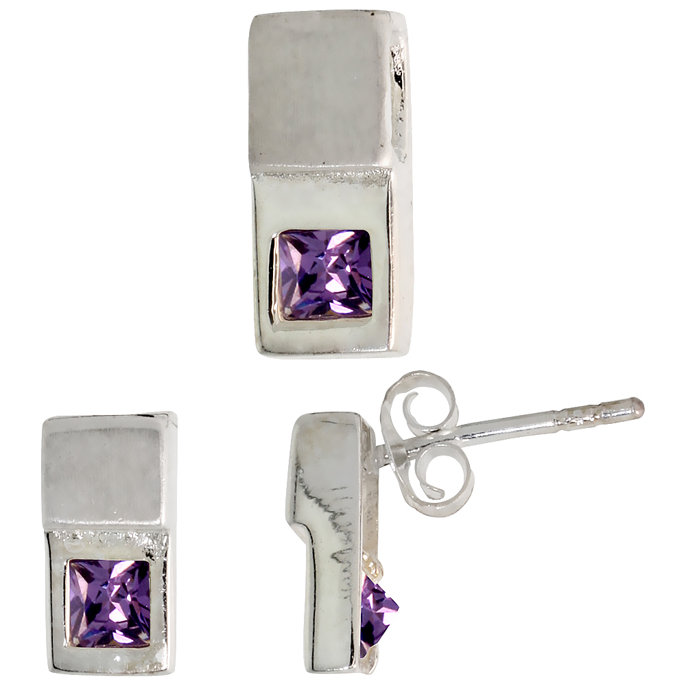 STERLING SILVER PRINCESS CUT AMETHYST PURPLE CZ RECESSED RECTANGLE STUD EARRINGS & PENDANT SET BRUSHED