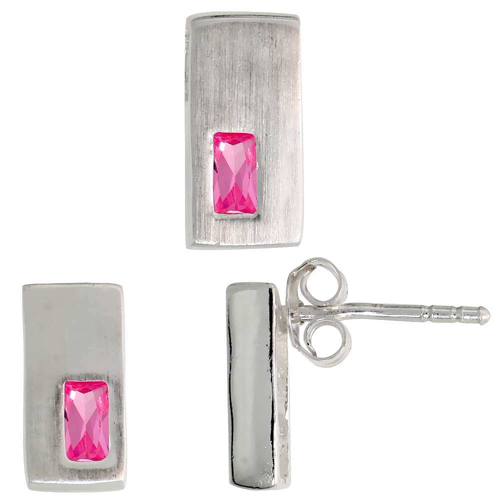 STERLING SILVER RADIANT CUT PINK CZ RECTANGULAR STUD EARRINGS & PENDANT SET FOR WOMEN BRUSHED FINISH