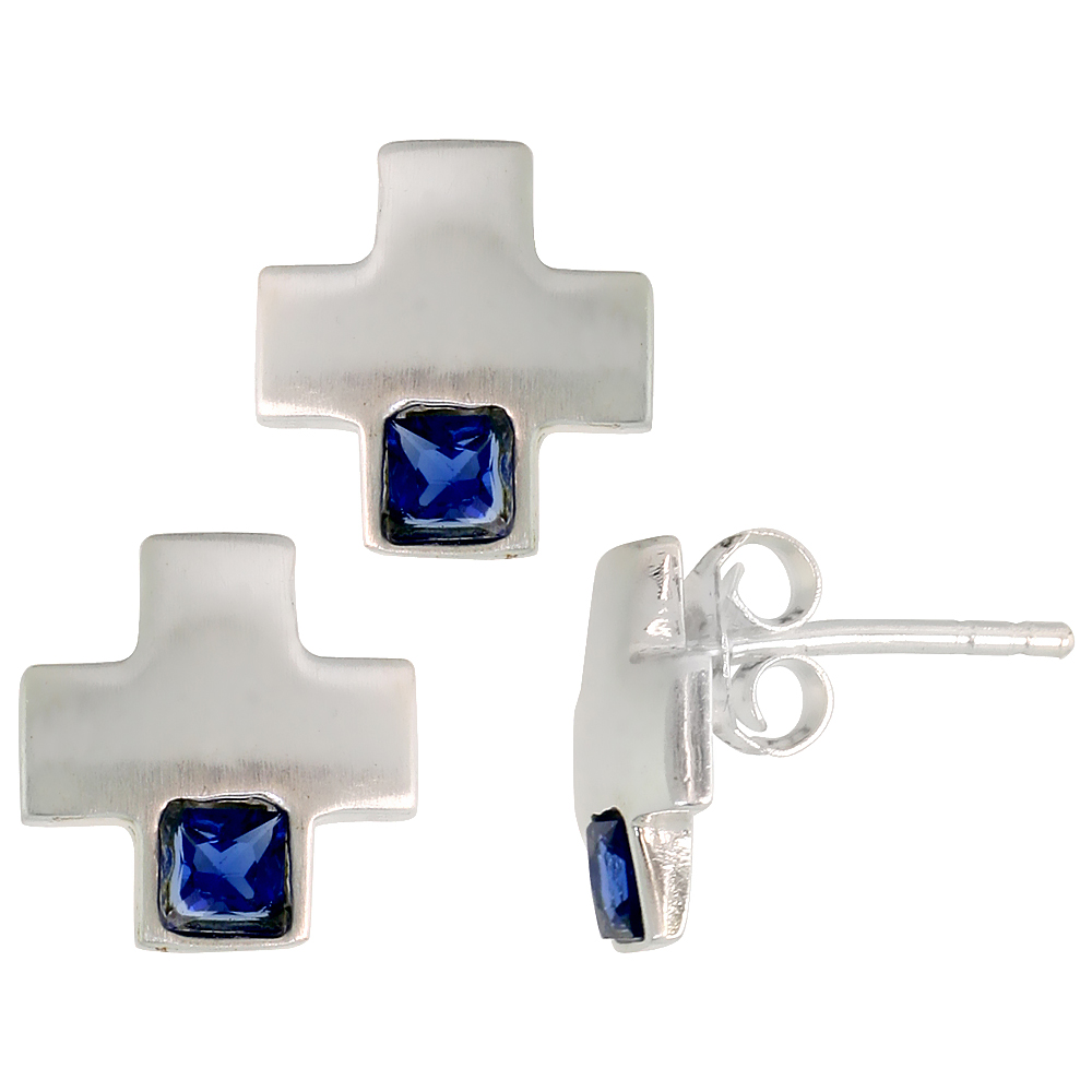 STERLING SILVER PRINCESS CUT BLUE SAPPHIRE CZ GREEK CROSS STUD EARRINGS & PENDANT SET BRUSHED FINISH