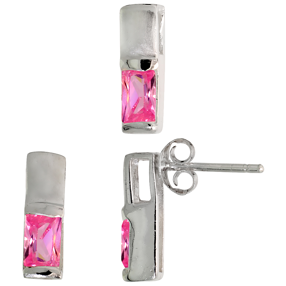 STERLING SILVER RADIANT CUT PINK CZ THIN RECTANGLE STUD EARRINGS & PENDANT SET FOR WOMEN BRUSHED FINISH