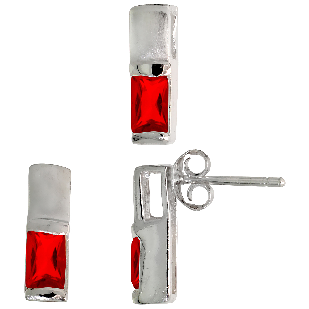 STERLING SILVER RADIANT CUT RUBY RED CZ THIN RECTANGLE STUD EARRINGS & PENDANT SET BRUSHED FINISH